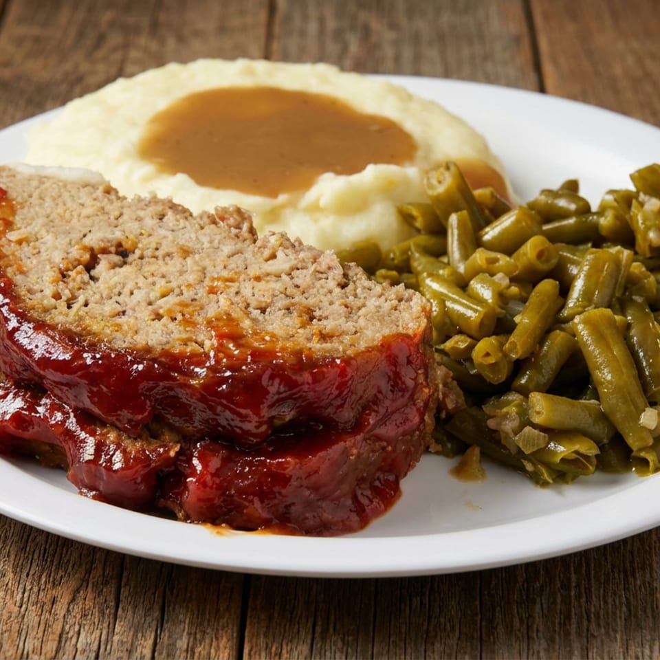 Glazed meatloaf served with mashed potatoes and gravy alongside seasoned green beans on a white plate.