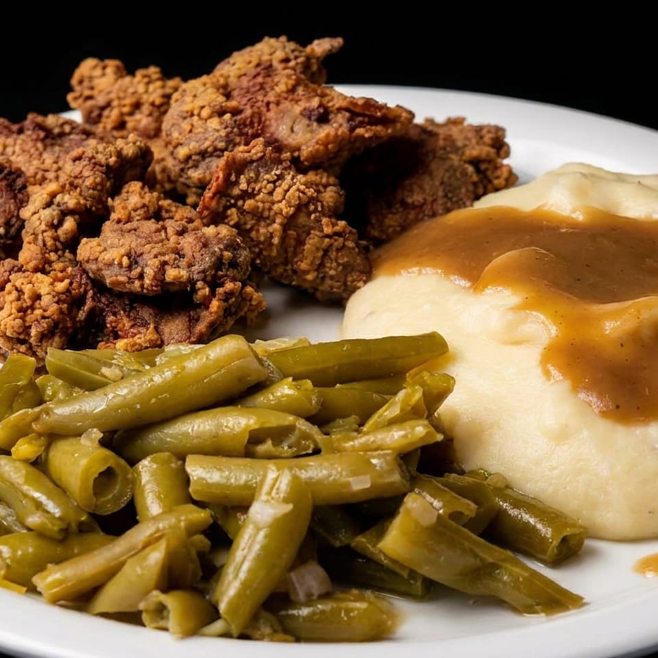 Plate of crispy fried chicken, mashed potatoes with brown gravy, and seasoned green beans.