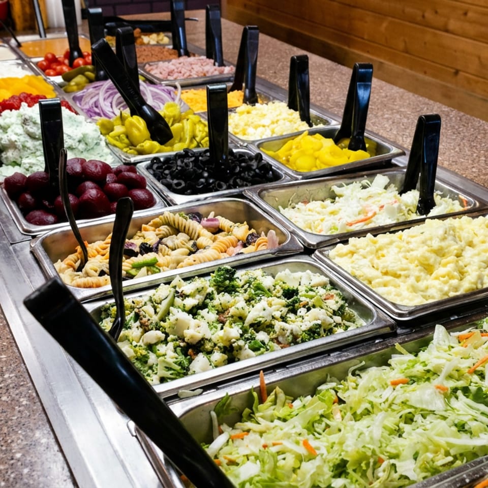 Restaurant salad bar displays fresh lettuce, vegetables, pasta salad, mashed potatoes, olives, peppers, cheese, and other toppings.