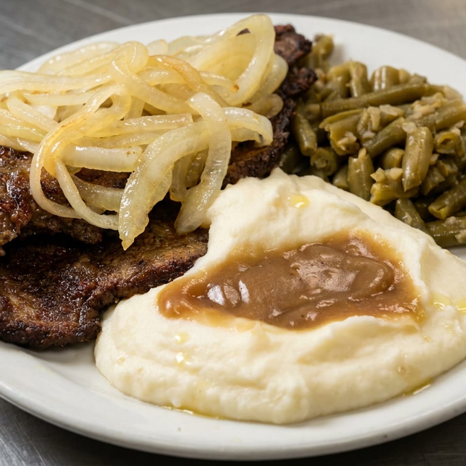 Plate of country-fried steak topped with onions, mashed potatoes and gravy, and green beans on a white plate.