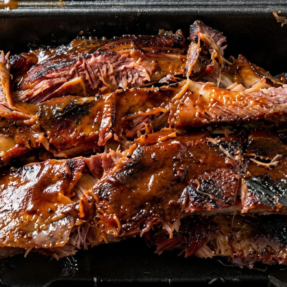 Glazed, smoked barbecue ribs piled in a black takeout tray, showing tender meat, charred edges, and exposed bones.